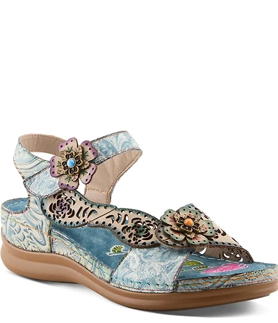 L'ARTISTE Script Floral Embossed Leather Wedge Sandals