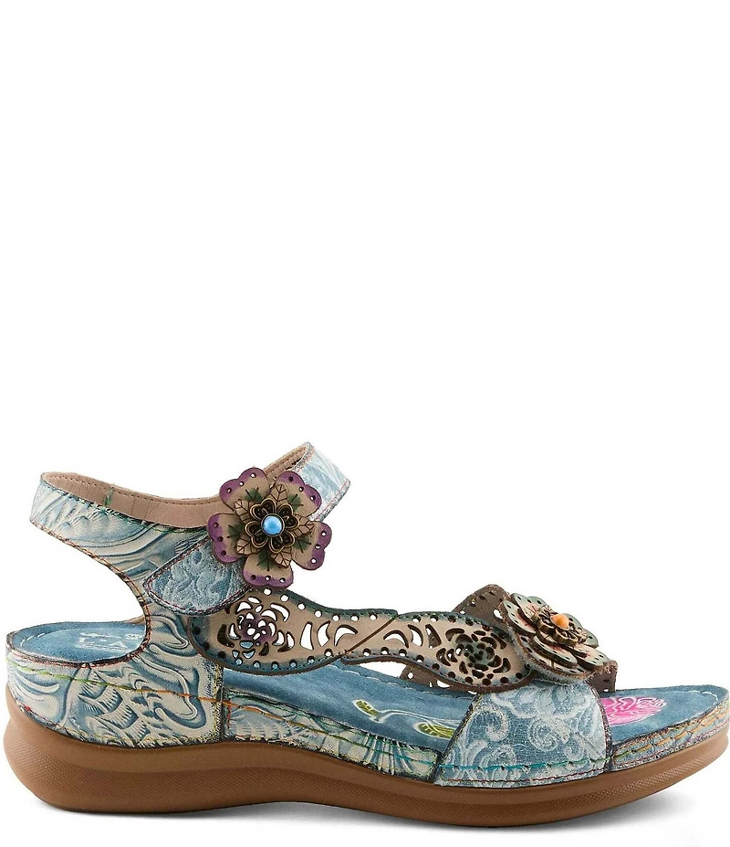 L'ARTISTE Script Floral Embossed Leather Wedge Sandals