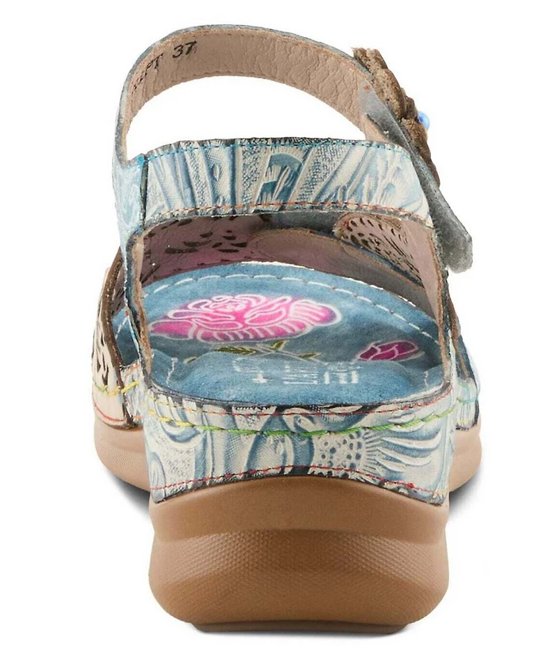 L'ARTISTE Script Floral Embossed Leather Wedge Sandals