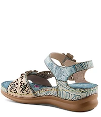 L'ARTISTE Script Floral Embossed Leather Wedge Sandals