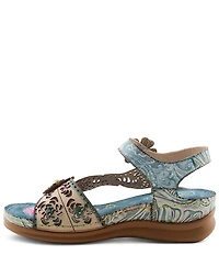 L'ARTISTE Script Floral Embossed Leather Wedge Sandals