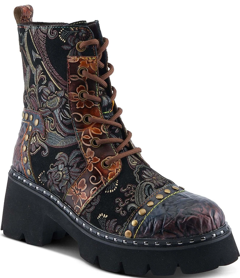 L`ARTISTE Severity Paisley Printed Suede Studded Cap Toe Faux Fur Lined Combat Boots