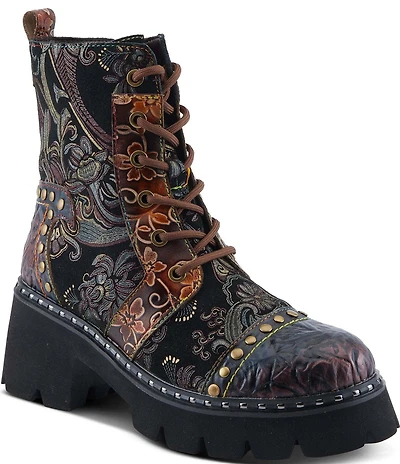 L`ARTISTE Severity Paisley Printed Suede Studded Cap Toe Faux Fur Lined Combat Boots