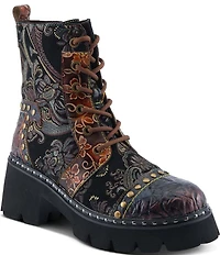 L`ARTISTE Severity Paisley Printed Suede Studded Cap Toe Faux Fur Lined Combat Boots