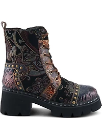L`ARTISTE Severity Paisley Printed Suede Studded Cap Toe Faux Fur Lined Combat Boots