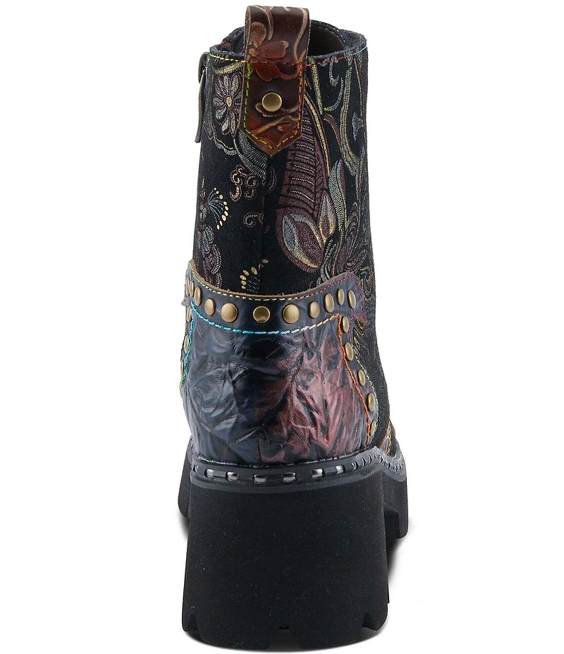 L`ARTISTE Severity Paisley Printed Suede Studded Cap Toe Faux Fur Lined Combat Boots