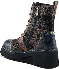 L`ARTISTE Severity Paisley Printed Suede Studded Cap Toe Faux Fur Lined Combat Boots