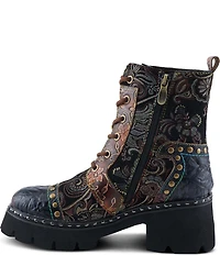 L`ARTISTE Severity Paisley Printed Suede Studded Cap Toe Faux Fur Lined Combat Boots