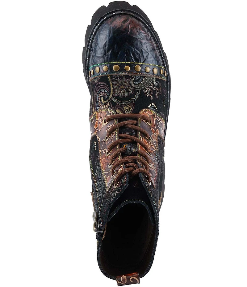 L`ARTISTE Severity Paisley Printed Suede Studded Cap Toe Faux Fur Lined Combat Boots