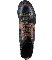 L`ARTISTE Severity Paisley Printed Suede Studded Cap Toe Faux Fur Lined Combat Boots