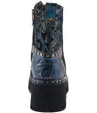L`ARTISTE Severity Paisley Printed Suede Studded Cap Toe Faux Fur Lined Combat Boots