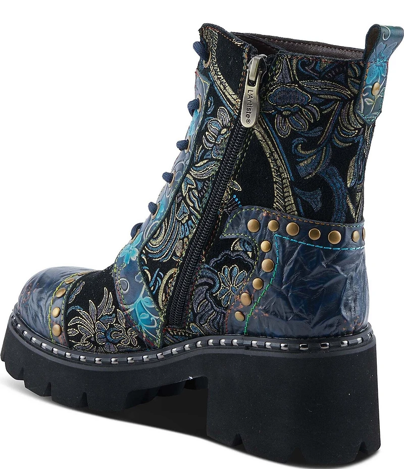 L`ARTISTE Severity Paisley Printed Suede Studded Cap Toe Faux Fur Lined Combat Boots