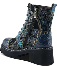 L`ARTISTE Severity Paisley Printed Suede Studded Cap Toe Faux Fur Lined Combat Boots