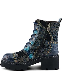 L`ARTISTE Severity Paisley Printed Suede Studded Cap Toe Faux Fur Lined Combat Boots