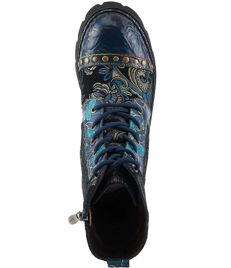 L`ARTISTE Severity Paisley Printed Suede Studded Cap Toe Faux Fur Lined Combat Boots