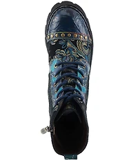 L`ARTISTE Severity Paisley Printed Suede Studded Cap Toe Faux Fur Lined Combat Boots