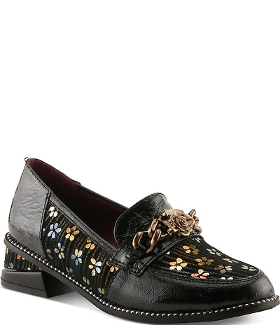 L'ARTISTE Shinyshoes Leather Combo Floral Print Chain Strap Block Heel Loafers