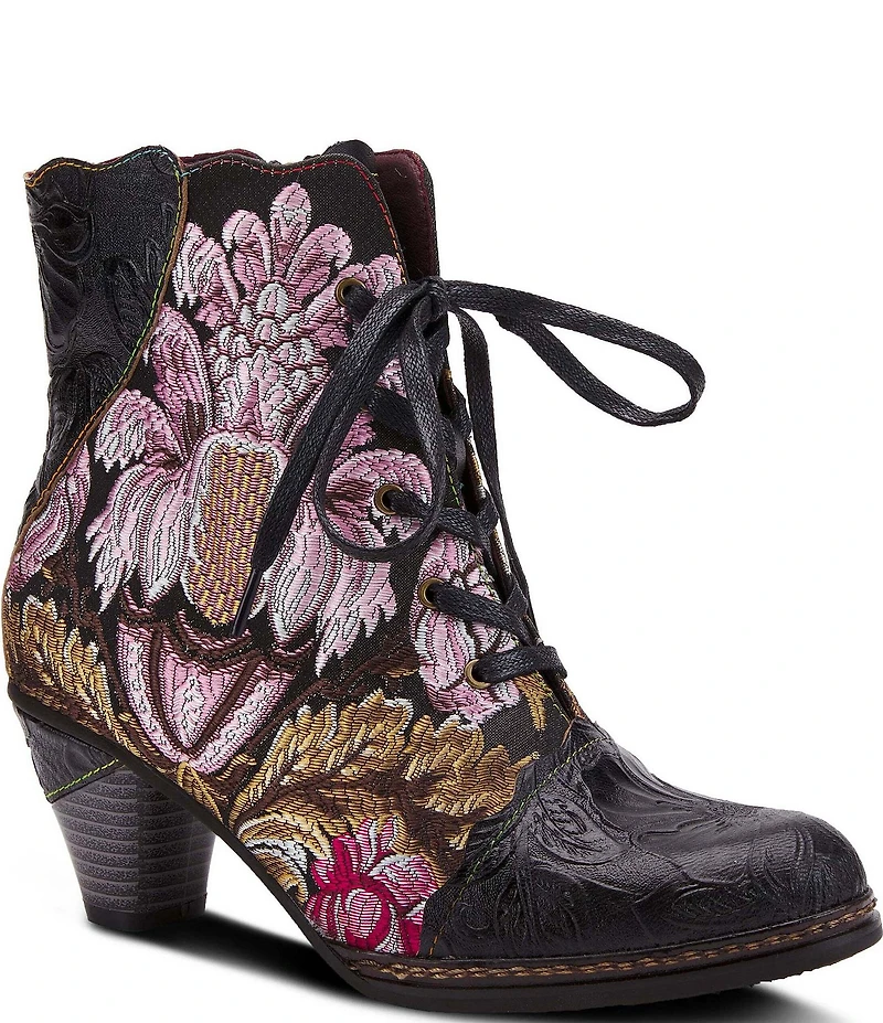 L'ARTISTE Siren Leather and Floral Embroidered Lace Up Booties