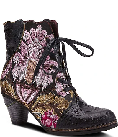 L'ARTISTE Siren Leather and Floral Embroidered Lace Up Booties