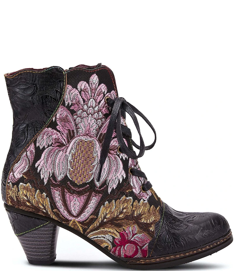 L'ARTISTE Siren Leather and Floral Embroidered Lace Up Booties