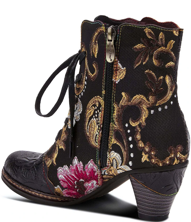 L'ARTISTE Siren Leather and Floral Embroidered Lace Up Booties