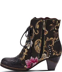 L'ARTISTE Siren Leather and Floral Embroidered Lace Up Booties