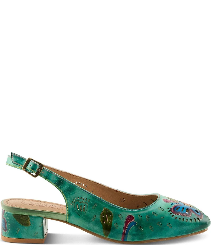 L'ARTISTE Streetpeep Hand-Painted Laser Cut Leather Peep Toe Slingback Pumps