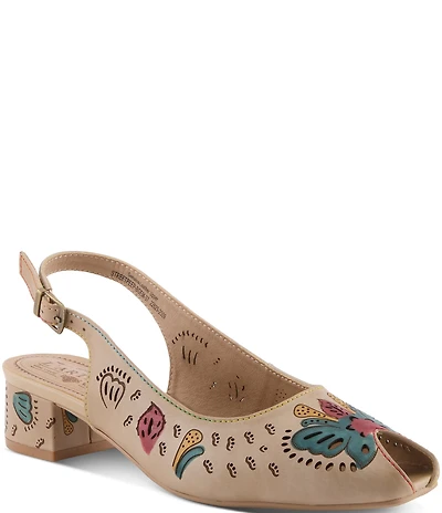 L'ARTISTE Streetpeep Hand-Painted Laser Cut Leather Peep Toe Slingback Pumps