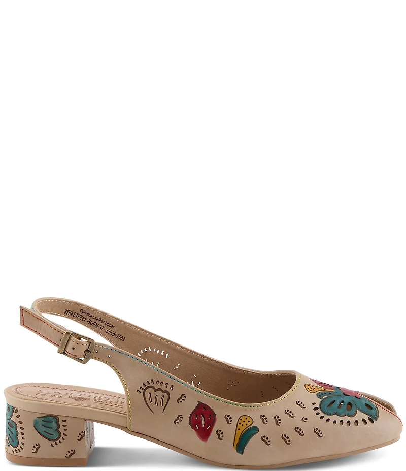 L'ARTISTE Streetpeep Hand-Painted Laser Cut Leather Peep Toe Slingback Pumps