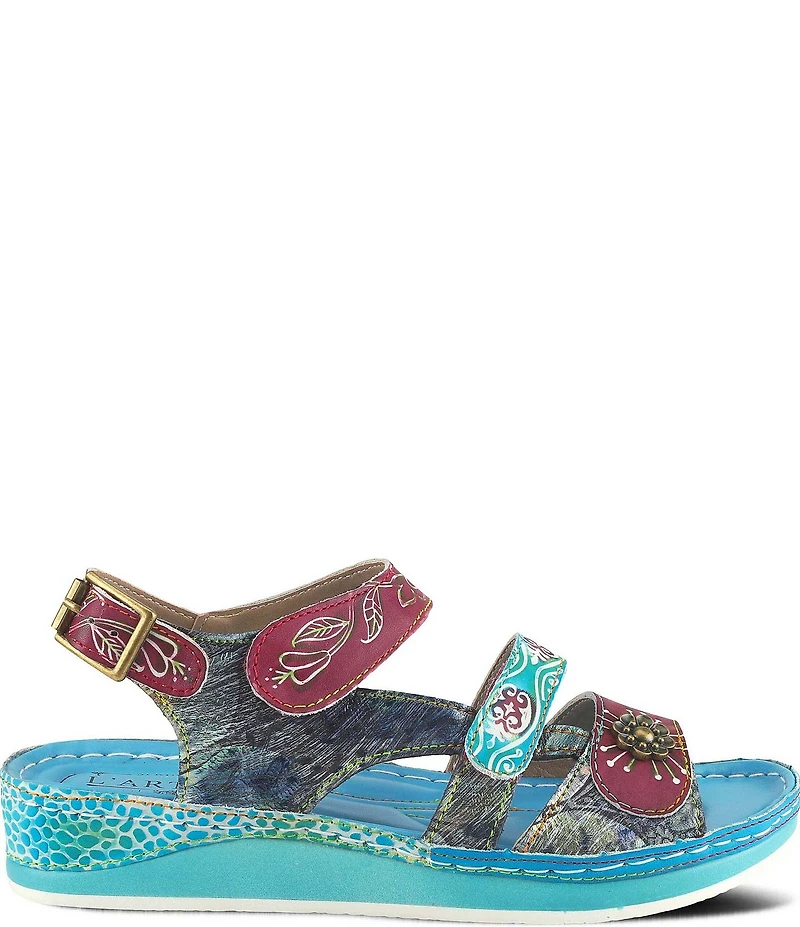 L'ARTISTE Sumacah Leather Floral Platform Wedge Sandals