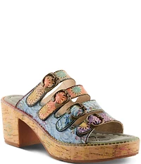 L'ARTISTE Teetimer Embossed Floral Leather Banded Block Heel Slide Sandals