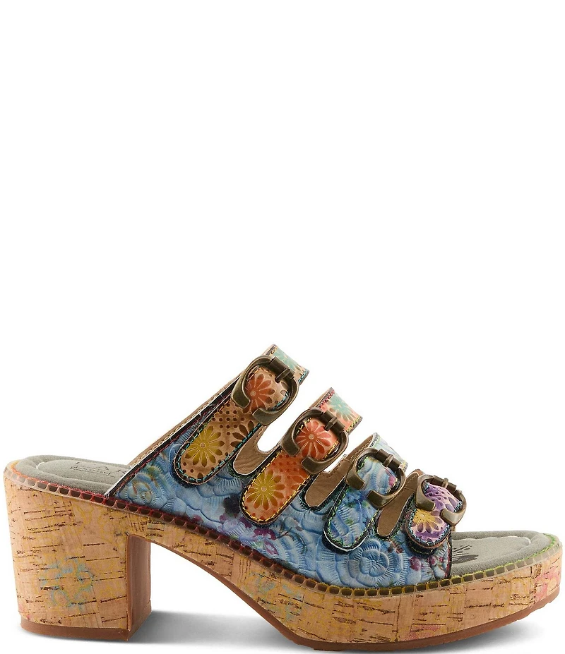L'ARTISTE Teetimer Embossed Floral Leather Banded Block Heel Slide Sandals
