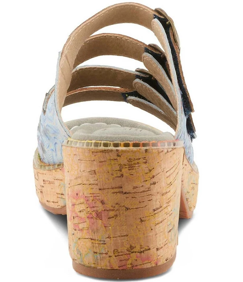 L'ARTISTE Teetimer Embossed Floral Leather Banded Block Heel Slide Sandals