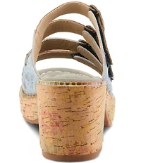 L'ARTISTE Teetimer Embossed Floral Leather Banded Block Heel Slide Sandals