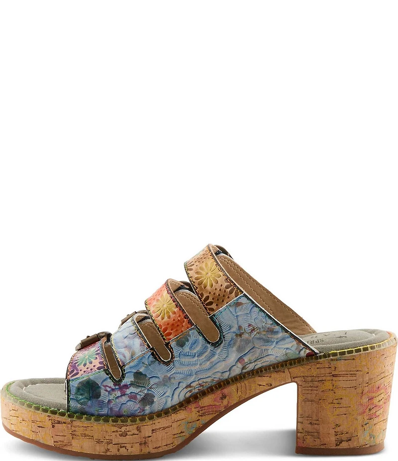 L'ARTISTE Teetimer Embossed Floral Leather Banded Block Heel Slide Sandals
