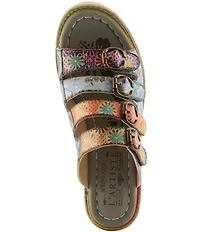 L'ARTISTE Teetimer Embossed Floral Leather Banded Block Heel Slide Sandals