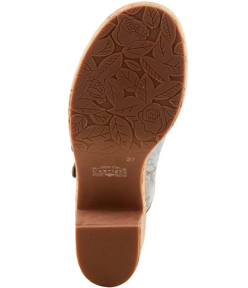 L'ARTISTE Teetimer Embossed Floral Leather Banded Block Heel Slide Sandals