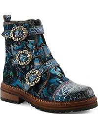 L'ARTISTE Thisway Printed Velvet and Leather Buckled Straps Booties