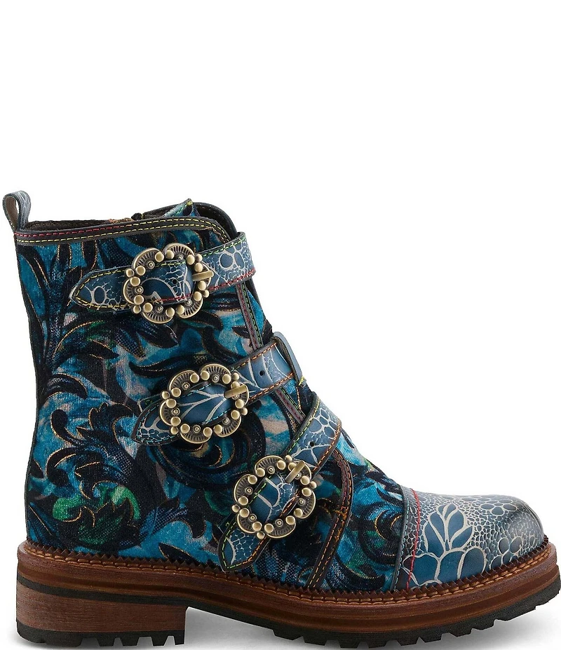 L'ARTISTE Thisway Printed Velvet and Leather Buckled Straps Booties