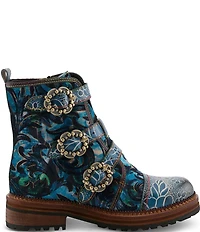 L'ARTISTE Thisway Printed Velvet and Leather Buckled Straps Booties