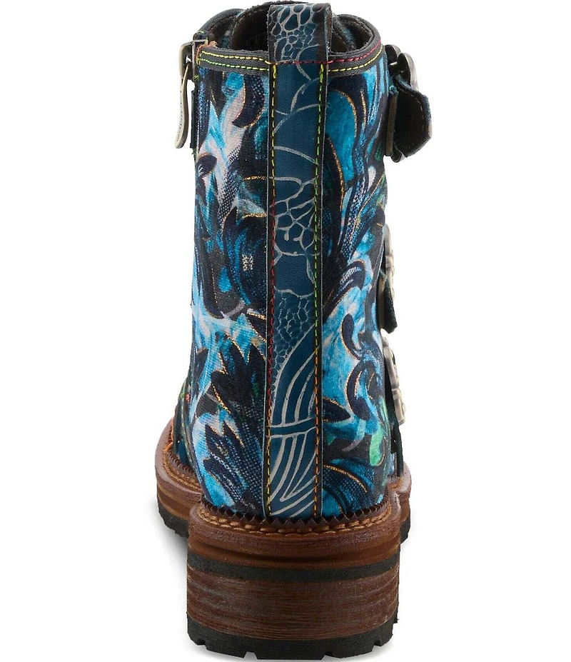 L'ARTISTE Thisway Printed Velvet and Leather Buckled Straps Booties