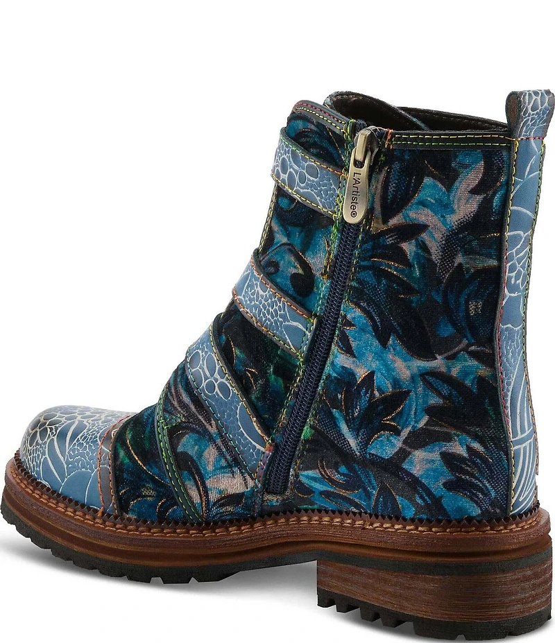 L'ARTISTE Thisway Printed Velvet and Leather Buckled Straps Booties