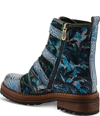 L'ARTISTE Thisway Printed Velvet and Leather Buckled Straps Booties