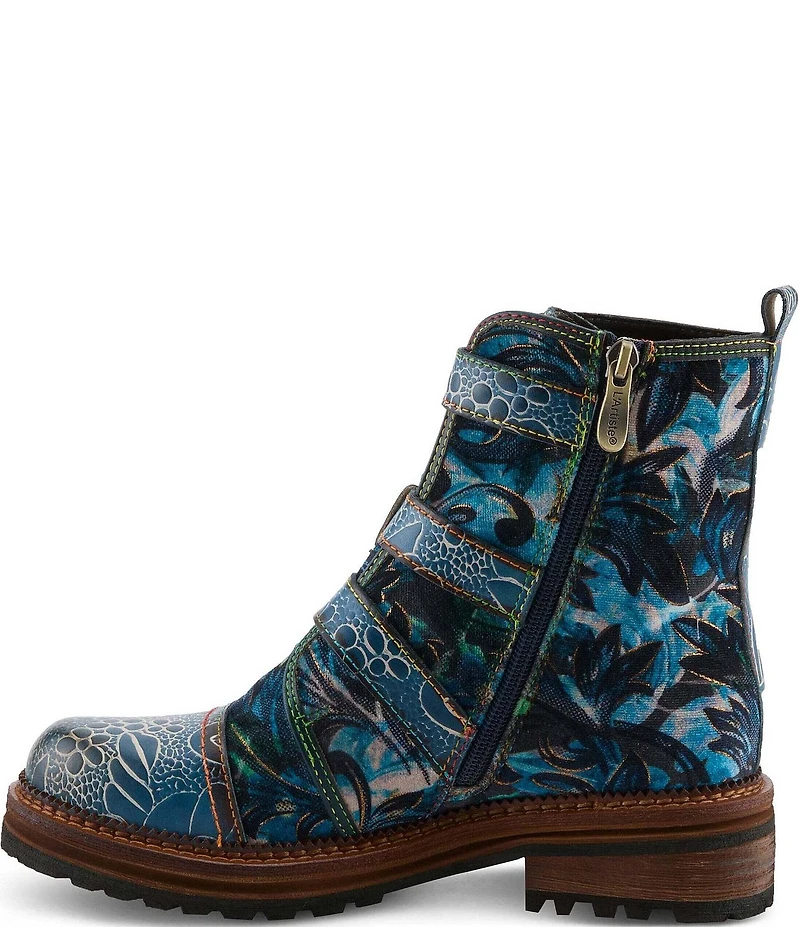 L'ARTISTE Thisway Printed Velvet and Leather Buckled Straps Booties