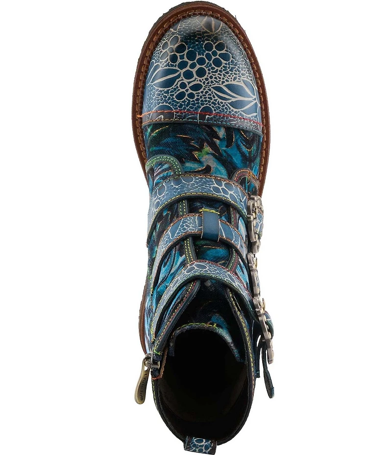 L'ARTISTE Thisway Printed Velvet and Leather Buckled Straps Booties