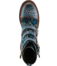 L'ARTISTE Thisway Printed Velvet and Leather Buckled Straps Booties