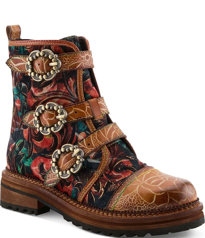 L'ARTISTE Thisway Printed Velvet and Leather Buckled Straps Booties