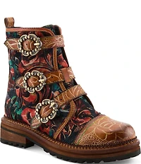 L'ARTISTE Thisway Printed Velvet and Leather Buckled Straps Booties