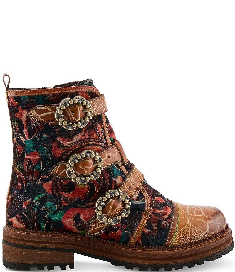 L'ARTISTE Thisway Printed Velvet and Leather Buckled Straps Booties