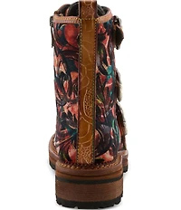L'ARTISTE Thisway Printed Velvet and Leather Buckled Straps Booties